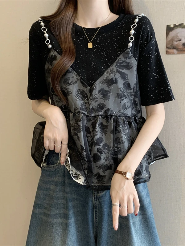 

Женская летняя футболка больших размеров с цветочным пэчворком, имитация двухслойности, с коротким рукавом, скрывающая живот, с эффектом похудения, в стиле принцессы