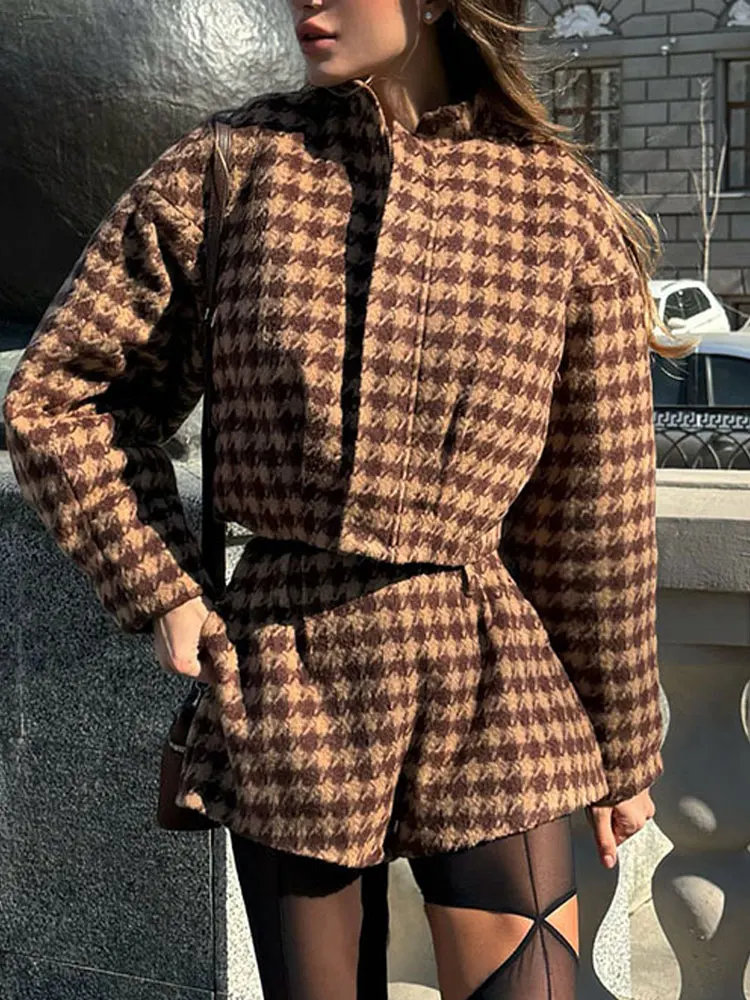 HH Autunno Set scozzese vintage da donna Dolcevita a maniche lunghe Giacca corta con cerniera + Mini pantaloncini a trapezio a vita alta Abito alla moda