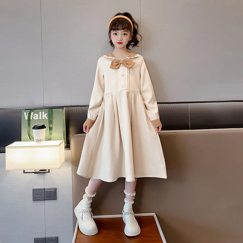 2025 srping Kids spring Dresses Child Clothes Teens bow peter pan long princecss Dress Girls Daily Wear retro casual 6 9 12 yaer