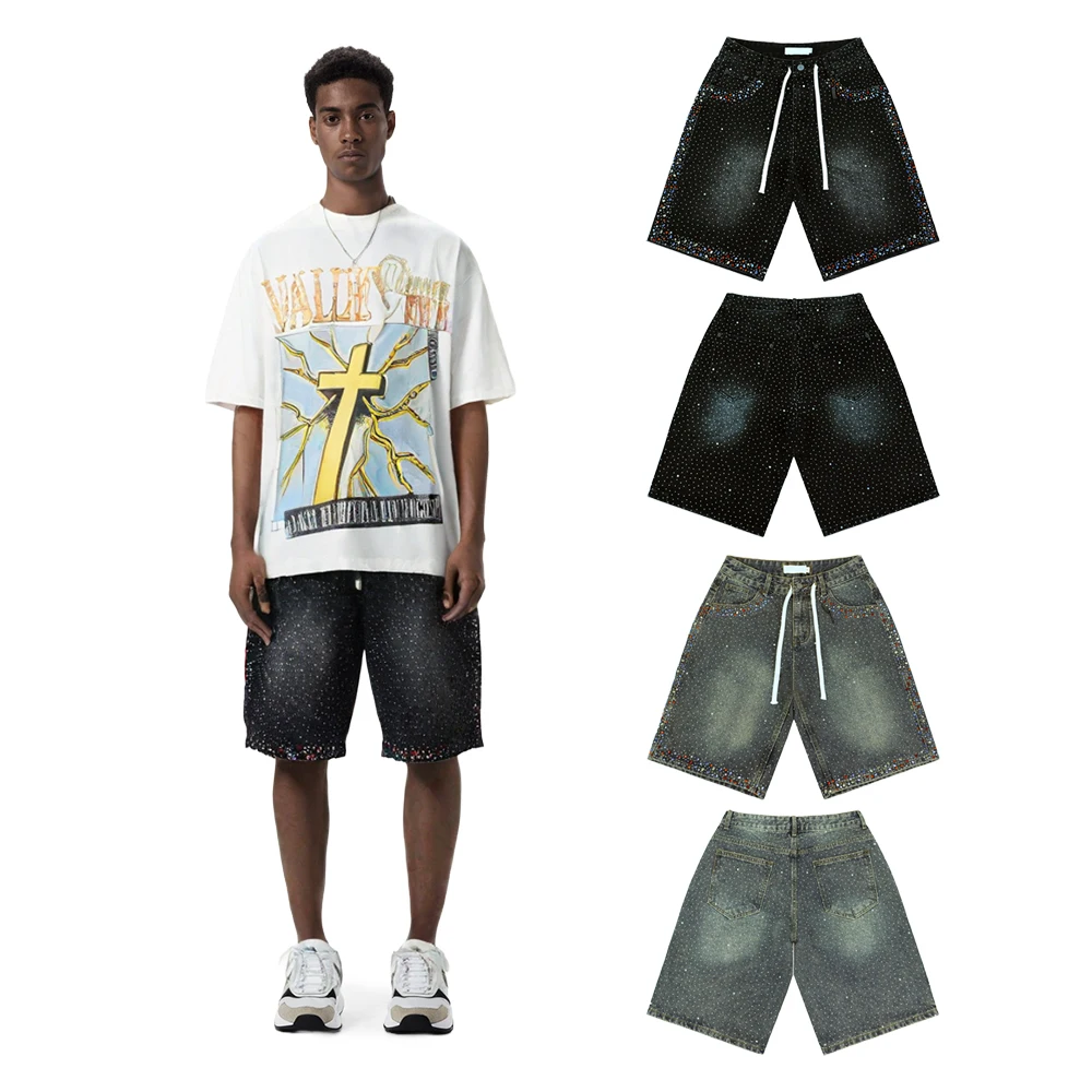 Summer Streetwear Loose Shorts Jeans with Color Rhinestones Hiphop Street Style Cotton Retro Distressed Casual Short Denim Pants
