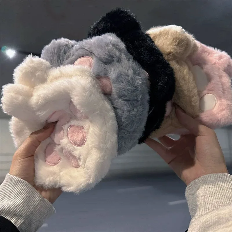 Cute Plush Cat Claw Paw Gloves for Girls Plush Mittens Warm Soft Plush Fingerless Fluffy Bear Gloves Costume Half Finger Gloves