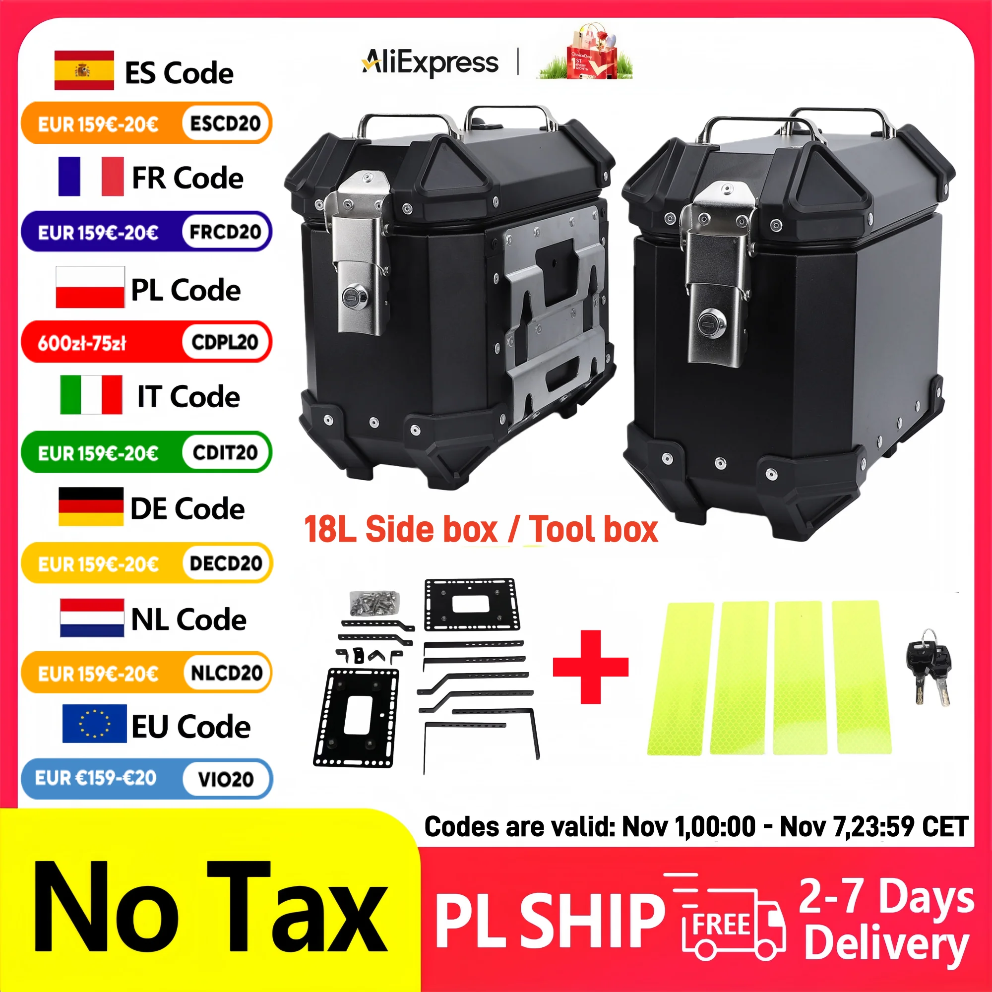 18L Motorcycle Side Box 2pcs Aluminium Alloy Motorbike Saddlebag Side Luggage Cases Tool Box With Bracket and PU Leather Lining