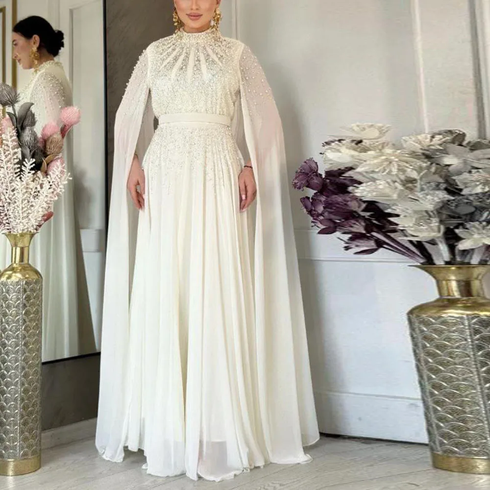 Customized Exquiste فساتين سهره Evening Dress with Cape Sleeve Beaded A Line Formal Gown Pleated Wedding Guest Outfit