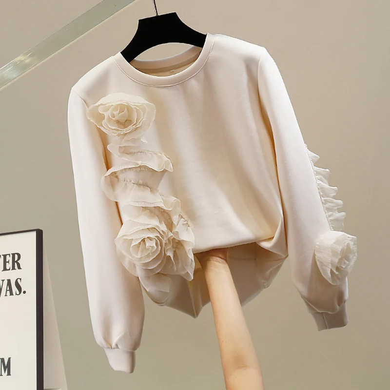 Fashion Ruffles Plate Flower Space Cotton Loose Long Sleeve Sweatershirt Winter New Loose Leisure Slim Pullover Hoodies Tops