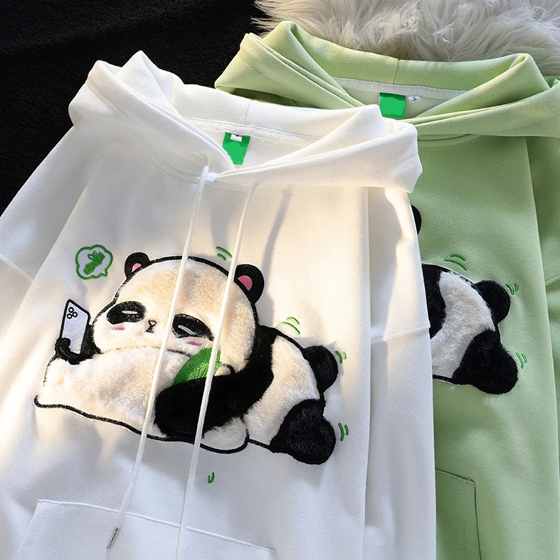 2024 Women Spring Winter Embroidery Print Cute Cartoon Panda Pullover Cotton Loose Hooded Sweatshirt Couple Student Coat Hoodie