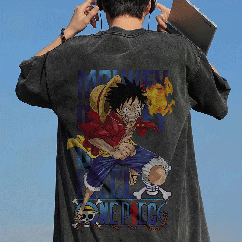 

ONE PIECE Luffy Loose Washed Men's T-shirt Summer New Retro Fashion Men's and Women's Street Y2K Clothing T-shirt