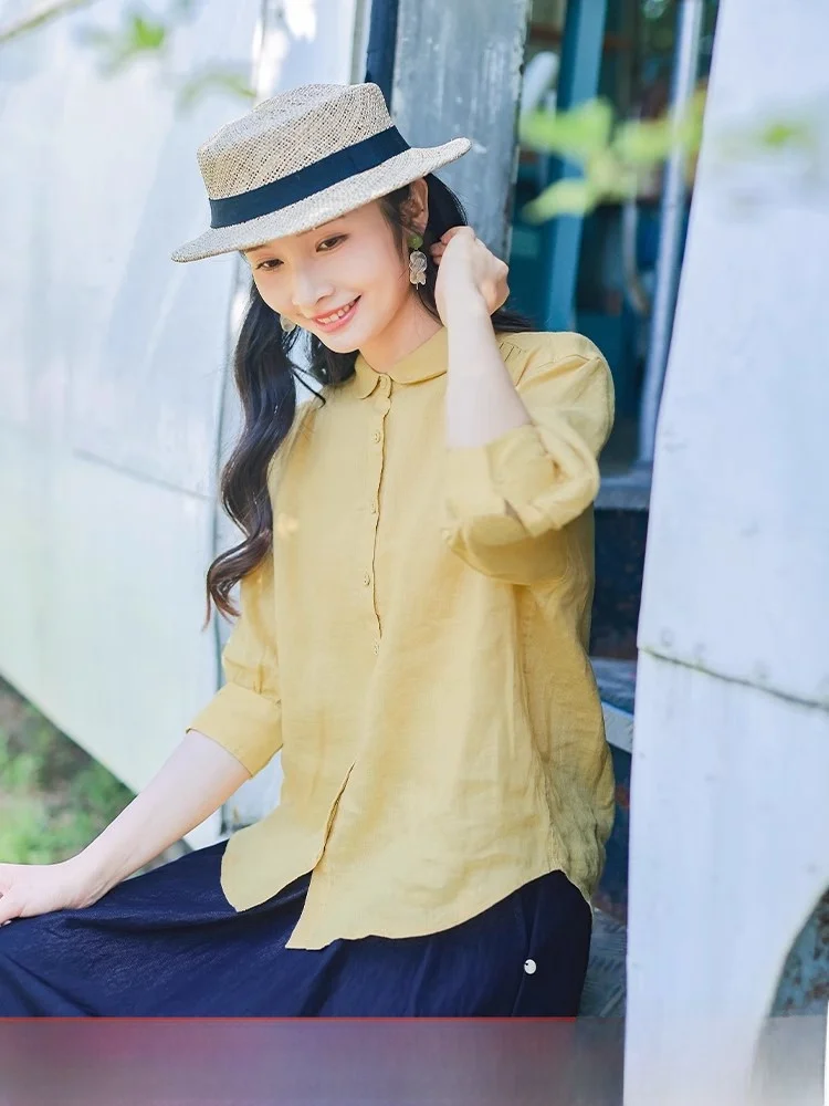 

Yellow Linen Five-Quarter Sve irt Women's Casual Top Summer New Sle Red Nian Commuter Sle Slim Fit round Ne irt