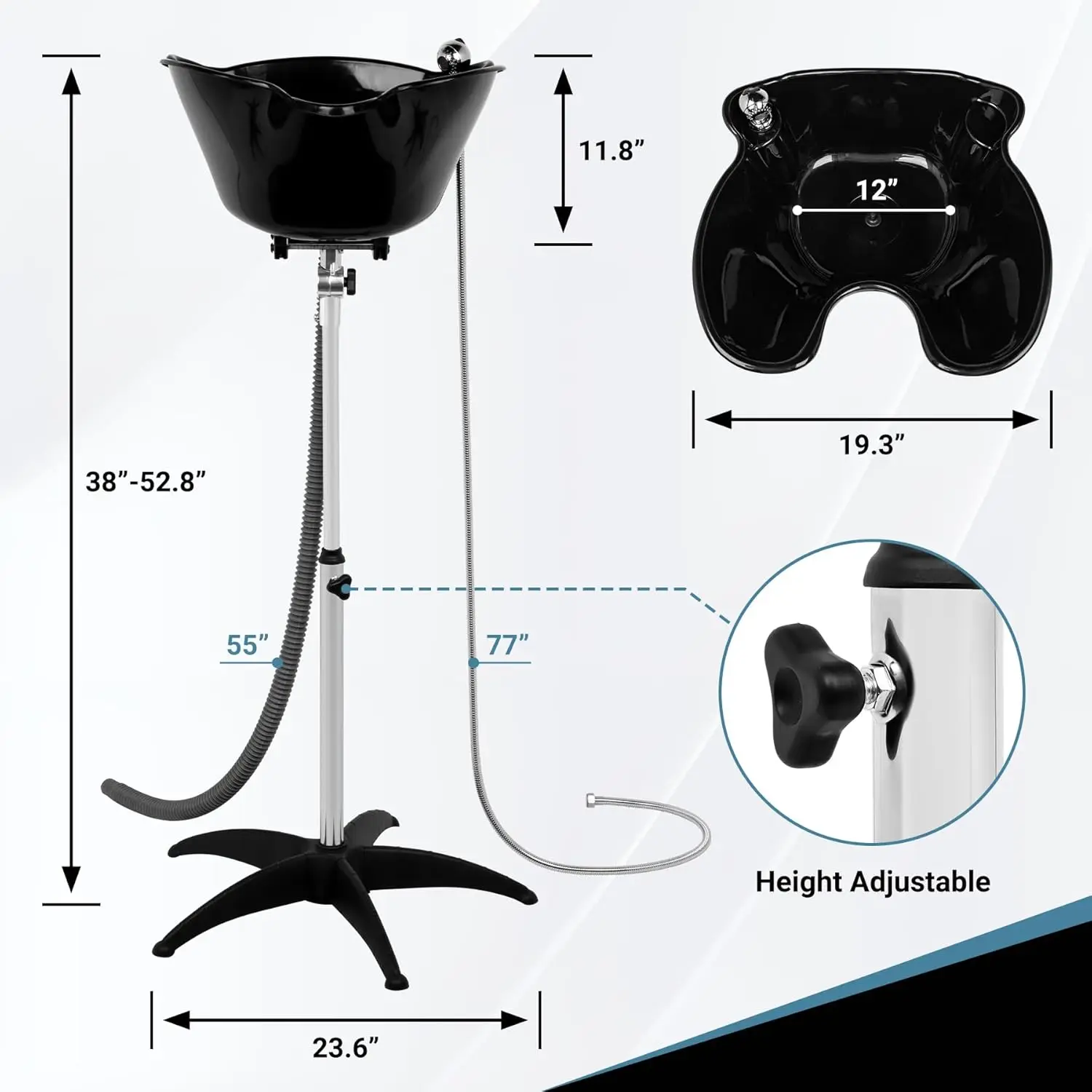 Shampoo Bowl 270°& Height Adjustable, Lightweight Mobile Shampoo Bowl with Sprinkler and Drain, Deep Portable Shampoo B