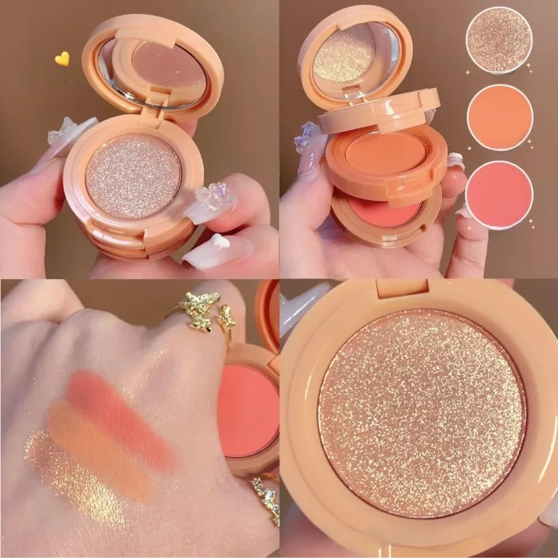 Placa de blush 3 em 1, blush iluminado integrado, placa de blush portátil, à prova d'água e à prova de suor, cosméticos faciais