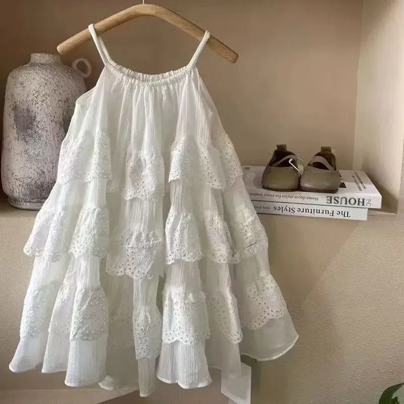 

Girls' Summer Strap Dress 2025 New Style Youth Girls' Elegant Sleeveless Skirt Children's White Cake Skirt