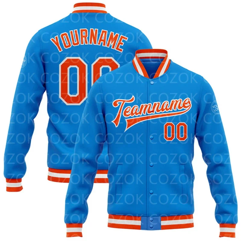 Custom Blue Orange 3D Printed Baseball Button Jacket Bomber Full-Snap Varsity Letterman Jacket