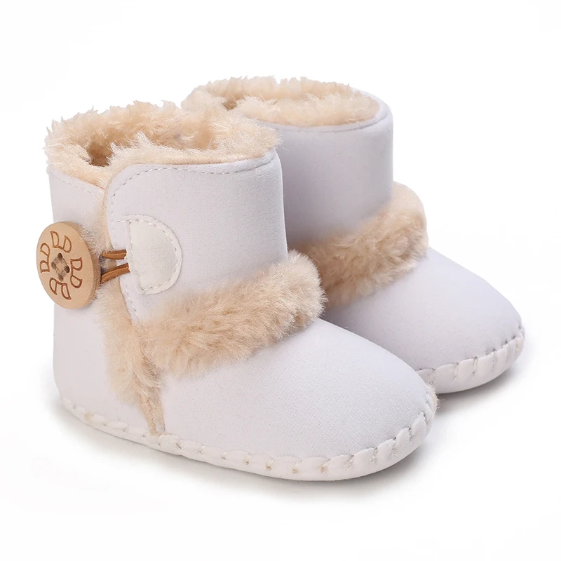Baby Learning Walk Shoes, 4 Colors Fleece Lined Baby Winter Snow Boots, Wooden Button Soft Warm Unisex Footwear 0-1 Year