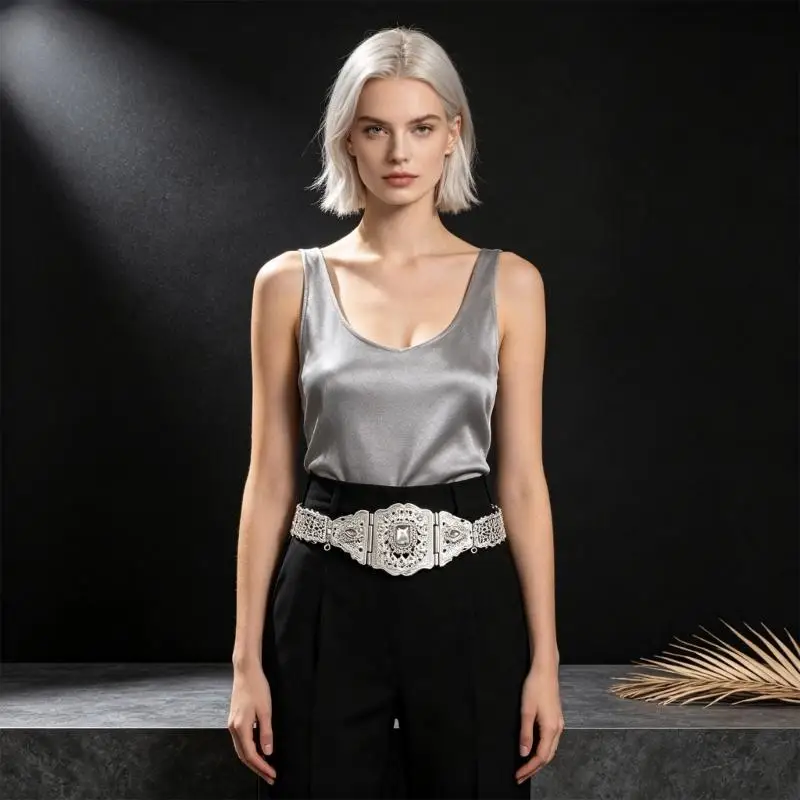 39BD Statement Metal Waist Belt with Openwork Panels and Centerpiece for Wedding Styling, Evening Gowns, and Stage Looks