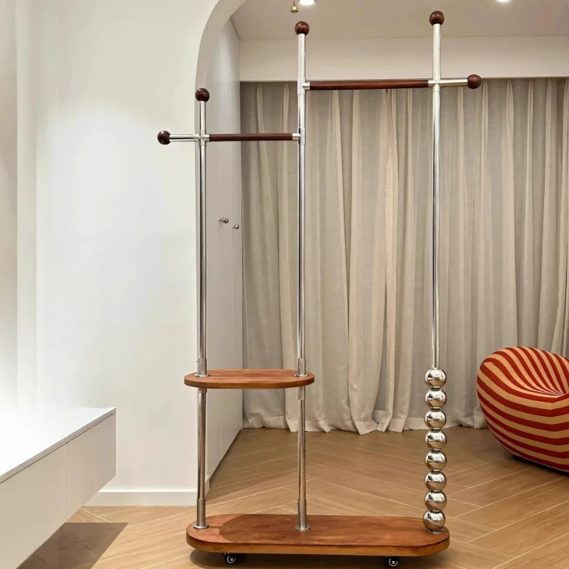 Household stainless steel hanger Solid wood medieval floor coat rack Movable multi-functional hanger