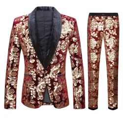 European Size (Blazer + Trousers) Men's Suit Fashion Slim Burgundy Velvet Sequins Wedding Wedding Groom Dress 2 Piece Set 2024