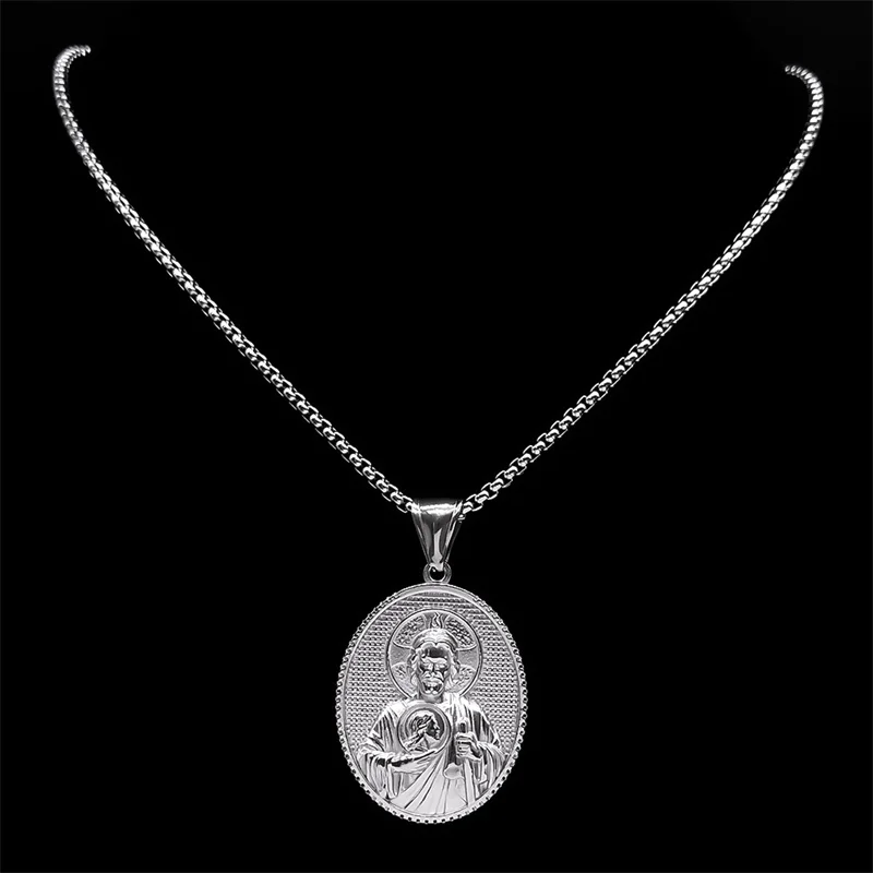 SAINT JUDE Pray for Us Necklace for Women Men Stainless Steel Silver Color Christ Jesus Medal Necklace Jewelry collar ZZ399