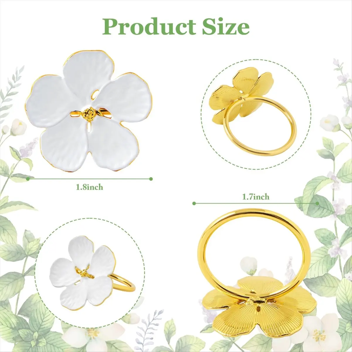 N14R Top Flower Napkin Rings Set of 12 -White and Gold Floral Metal Napkin Holder,Farmhouse Napkin Rings for Wedding Birthday