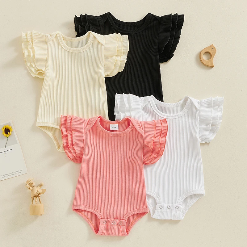 

Newborn Baby Girls Rompers Solid Color Crew Neck Three Layered Fly Sleeve Infant Bodysuits Summer Clothes Ribbed Knit Jumpsuits