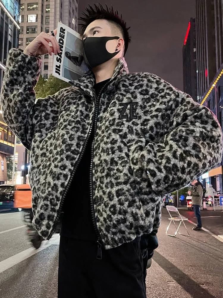 

Мужская теплая куртка из хлопка с леопардовым принтом, воротником-стойкой и отделкой из искусственного меха, модная зимняя верхняя одежда Cleanfit