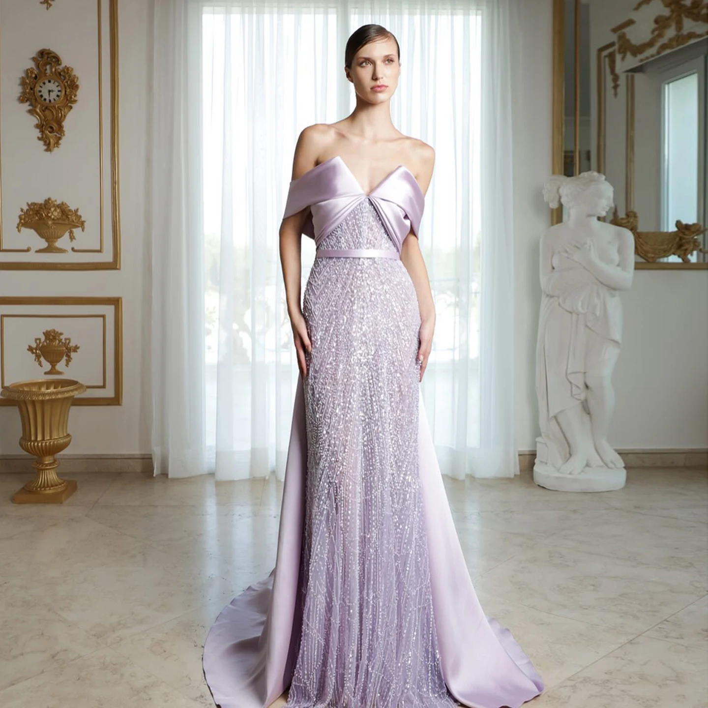 

Elegant Off Shoulder Lilac Mermaid Evening Dress Luxury Beaded Women Wedding Formal Party Gowns High Quality Customized