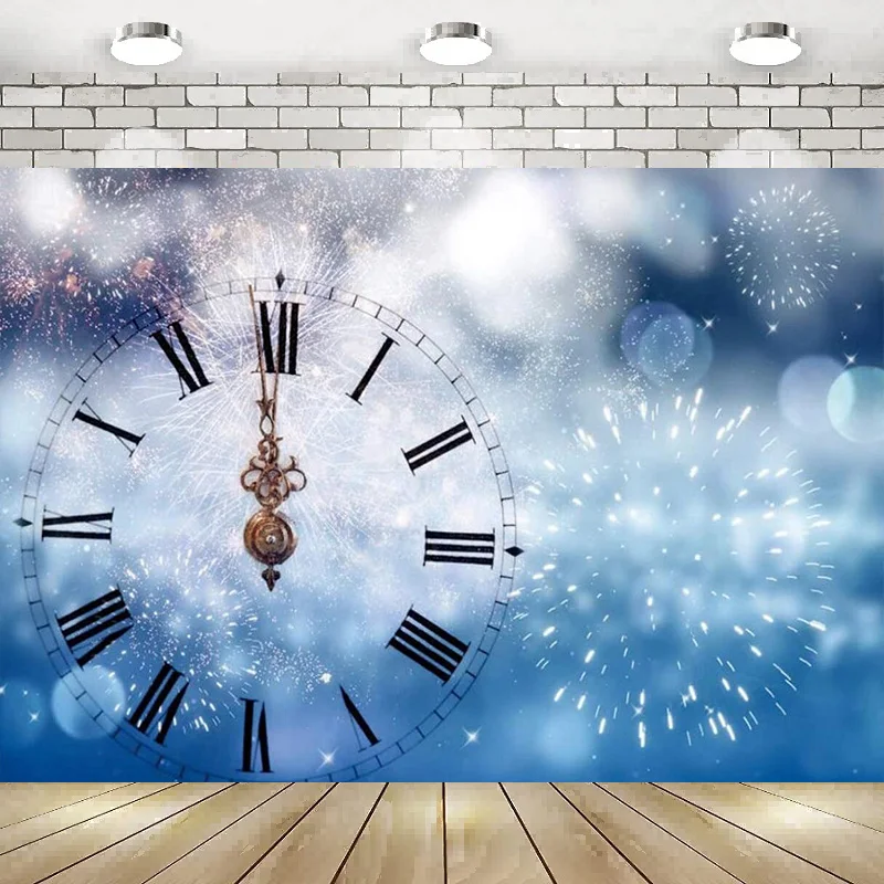 

Happy New Year Photography Backdrop Pointer Countdown Clock Fireworks Dreamy Bokeh Halos Glitters Background Banner Decor