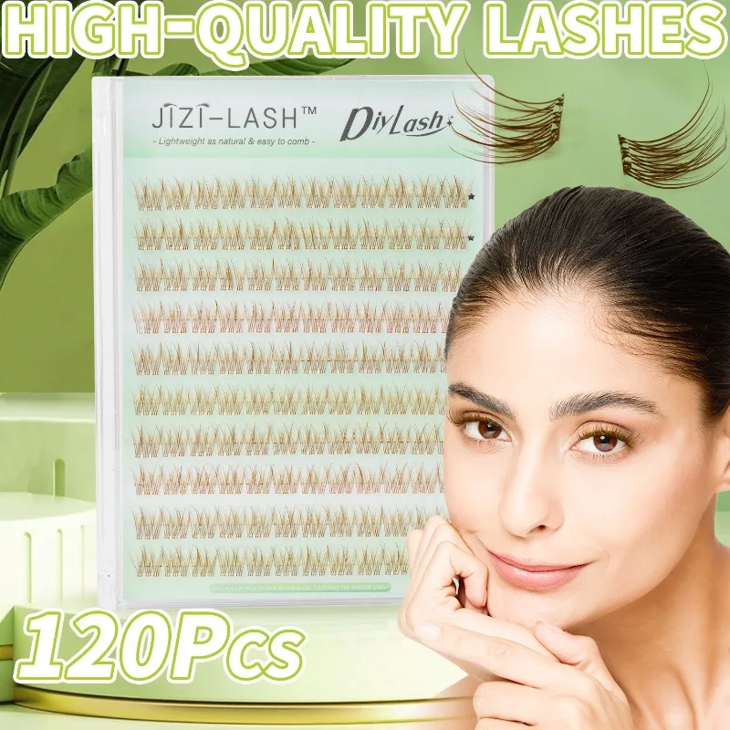 JIZI-LASH Brown Self Adhesive False Eyelashes Natural Manga Lash Clusters 120pcs DIY Individual Eyelashes Extension Tools