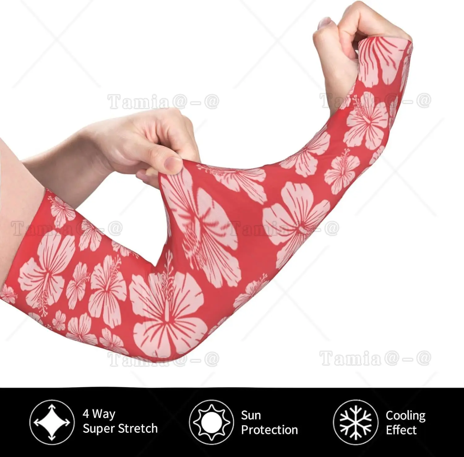 Mangas de brazo con estampado de flores de hibisco rojo, protección solar UV refrescante, deportes para hombres y mujeres, mangas de brazo de baloncesto y Golf