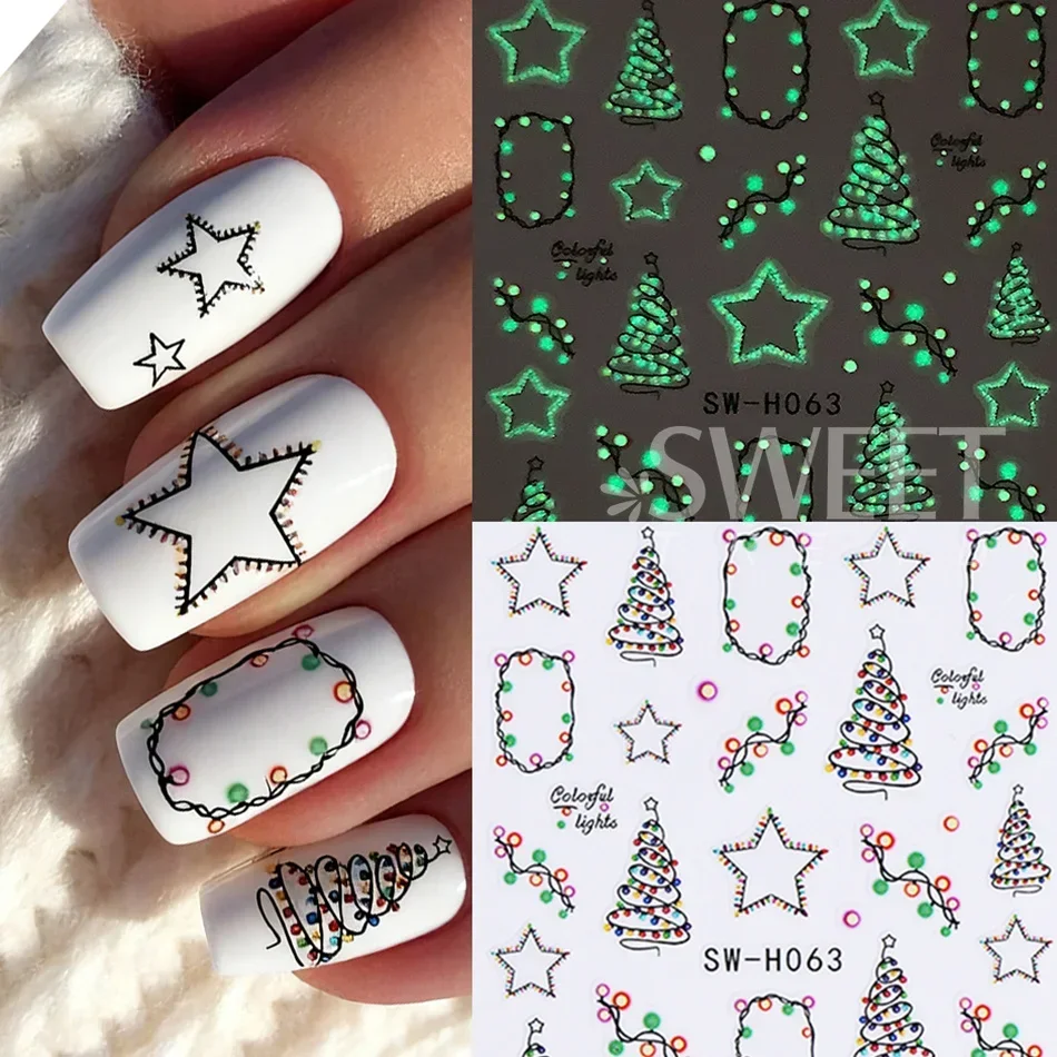 3pcs Glow In The Dark Christmas Light Nail Stickers String Lights Xmas Tree Star Adhesive Nail Decals DIY Manicure Decoration