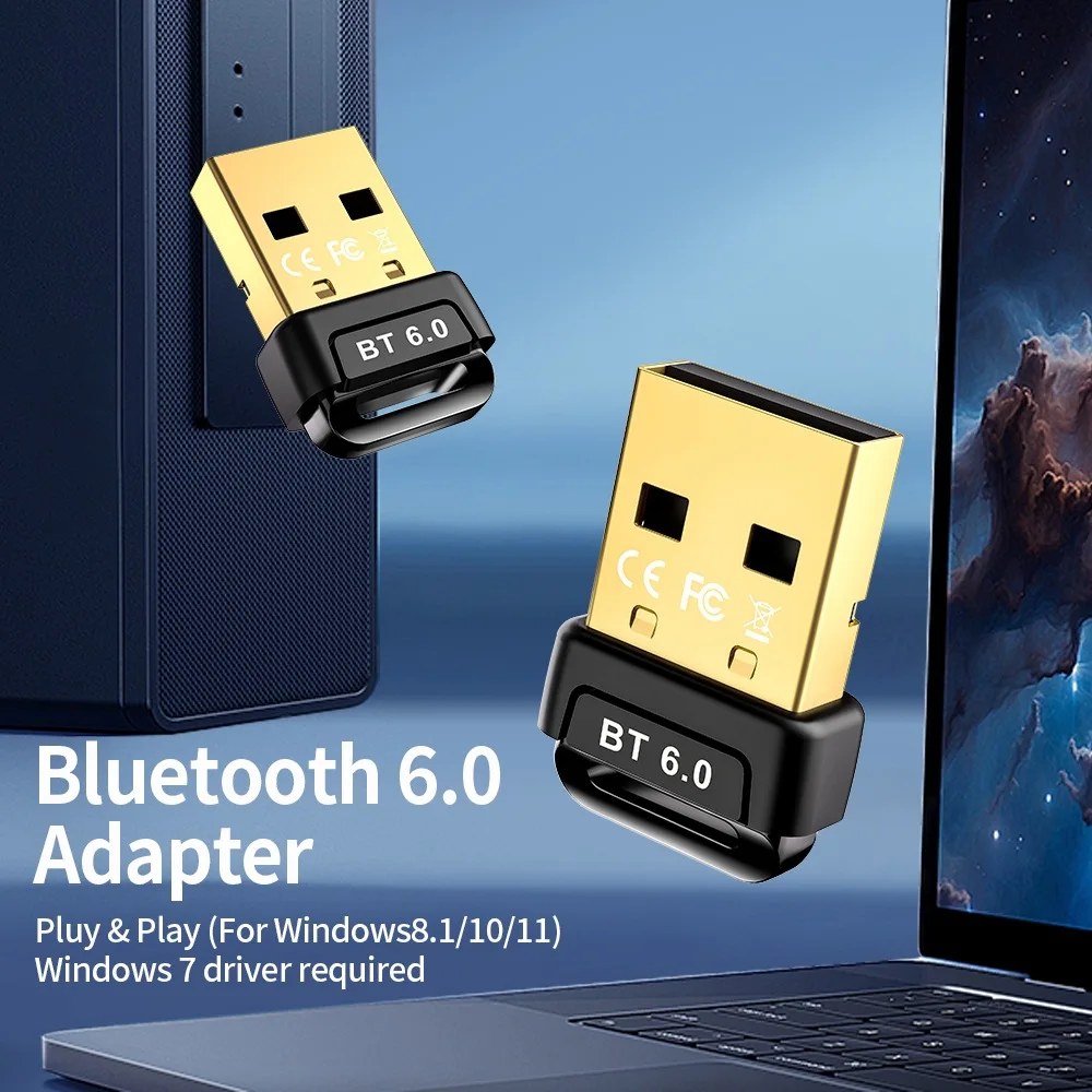 새롭게 업그레이드된 True Bluetooth 6.0 컴퓨터 송신기(LMP:14.5X) USB 무선 어댑터는 Windows 8.1/10/11과 호환되며 저지연성으로 마우스, 키보드, 헤드폰 및 프린터와 함께 사용할 수 있습니다.