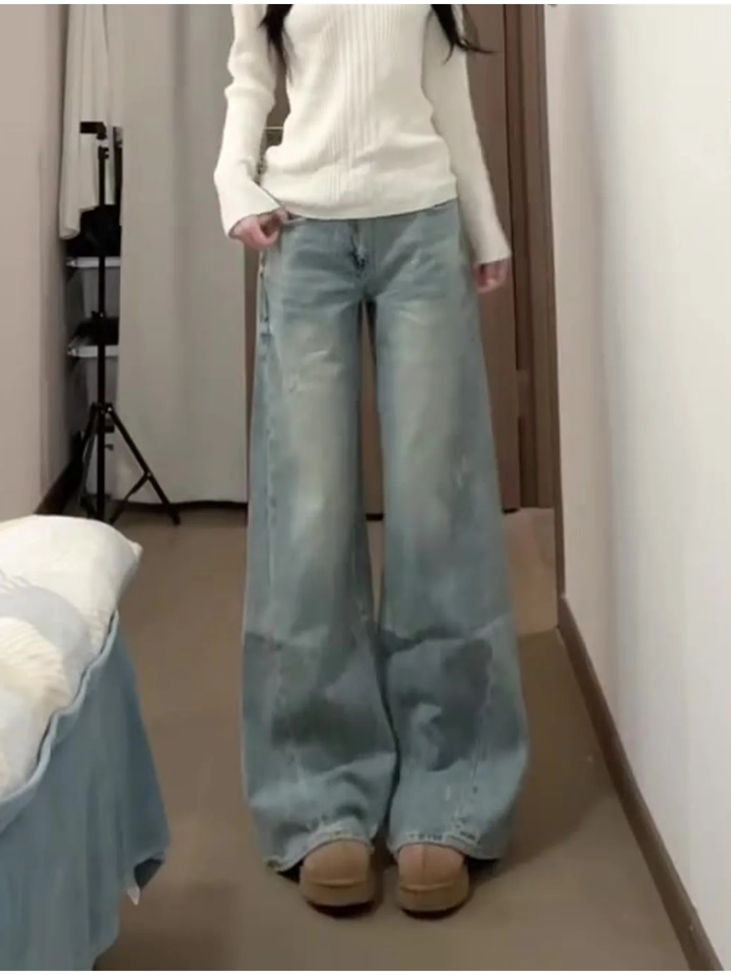 

Summer 2026 Loose Wide Leg Blue Jeans Women's Slim Version Fat MM Washed out Dragging Pants Straight Tube Vintage Style Jeans