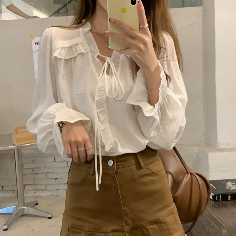 Ruffle Shirts and Blouses Korea V-neck Fashion Woman Blouse 2024 Solid Petal Long Sleeve Tops Female Autumn Casual Clothes New