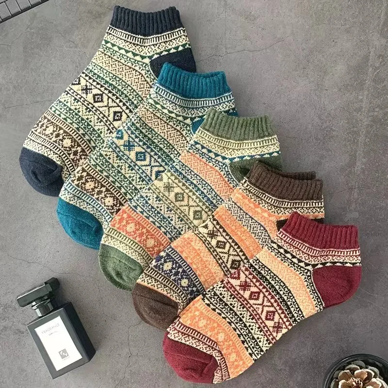 Double Thread Cotton No Show Socks Vintage Ethnic Style Thick Yarn Sweat Absorbent Japanese Harajuku Ankle Socks