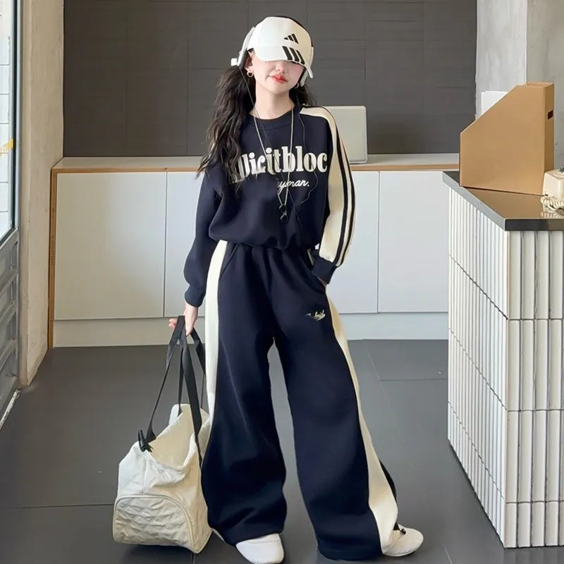 Girls Stylish Cotton Crop Contrast Navy Sweatshirt+Sweatpant Work Set School Kids 2PCS Tracksuit Children Jogging Outfit