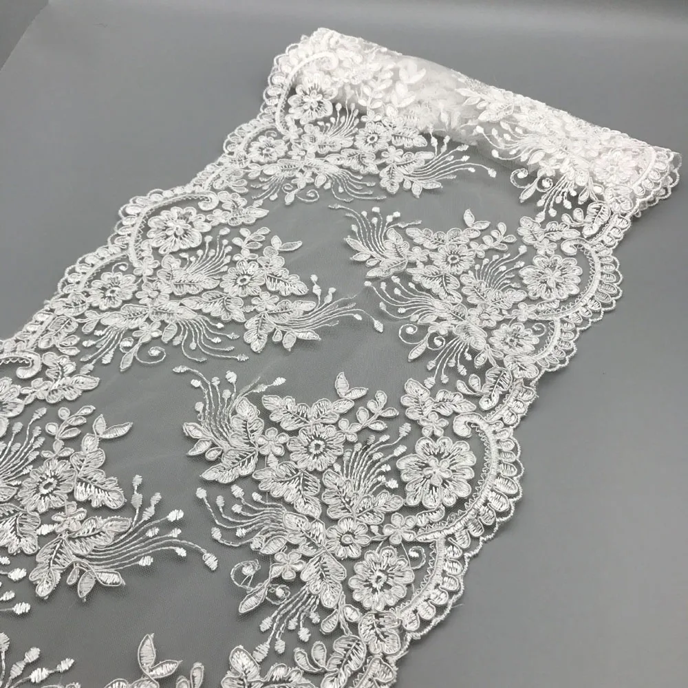 1Yard White Sequin Lace Fabric Flower Venise Mesh Lace Trim Applique Sewing Craft for Wedding Dec 30CM Wide