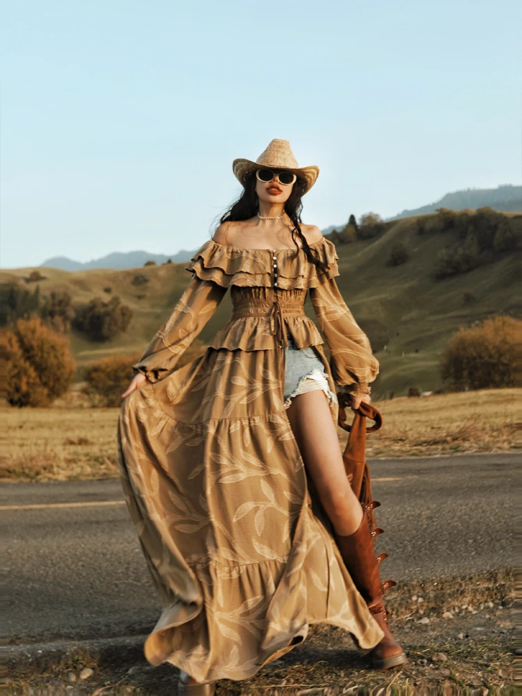 TIYIHAILEY robes longues lanterne manches femmes imprimé épaules nues vêtements mode 2025 robes Sexy dames Maxi pansement fente