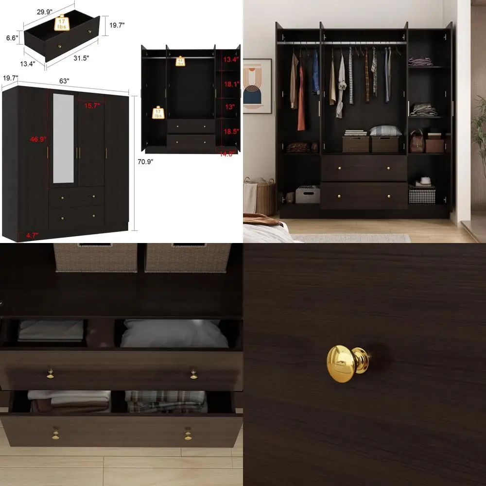 

63W x 19.7D x 70.9H Wooden Wardrobe Armoire with Mirror, 5 Shelves, 2 Drawers, 2 Hanging Rods, 4 Doors