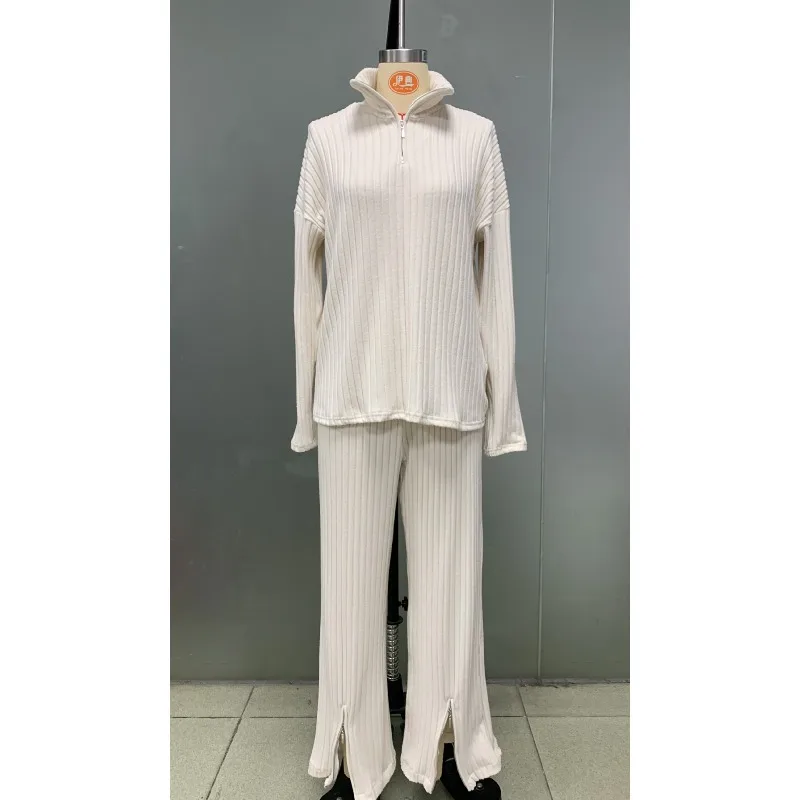 2 قطعة مجموعة بلون سستة متماسكة مجموعة الحد الأدنى النساء المتسكعون مجموعة طويلة الأكمام بلوزات وسراويل واسعة الساق ملابس منزلية مريحة