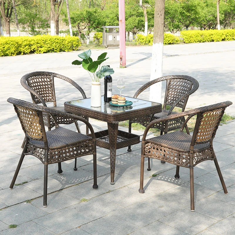 European Rattan Outdoor Chairs Simple Outdoor Furniture Courtyard Open-air Balcony Back Beach Chairs Outdoor Leisure Table Chair