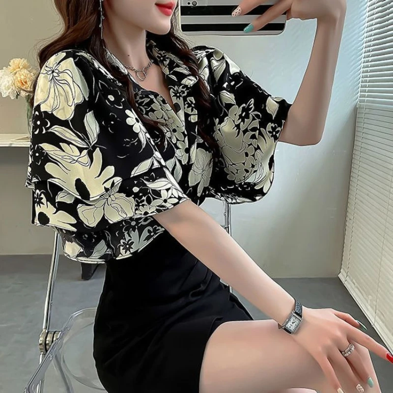

Женская шифоновая блузка с цветочным принтом, свободного кроя, с рюшами на рукавах, летний топ, милая повседневная рубашка, новинка