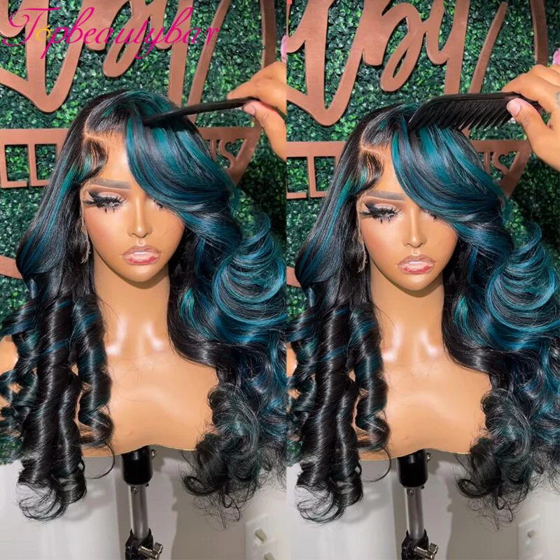 

Highlight Blue Human Hair Wigs Transparent 13X4 Lace Front Wigs 180% Remy Brazilian Wavy Full Lace Wigs Preplucked