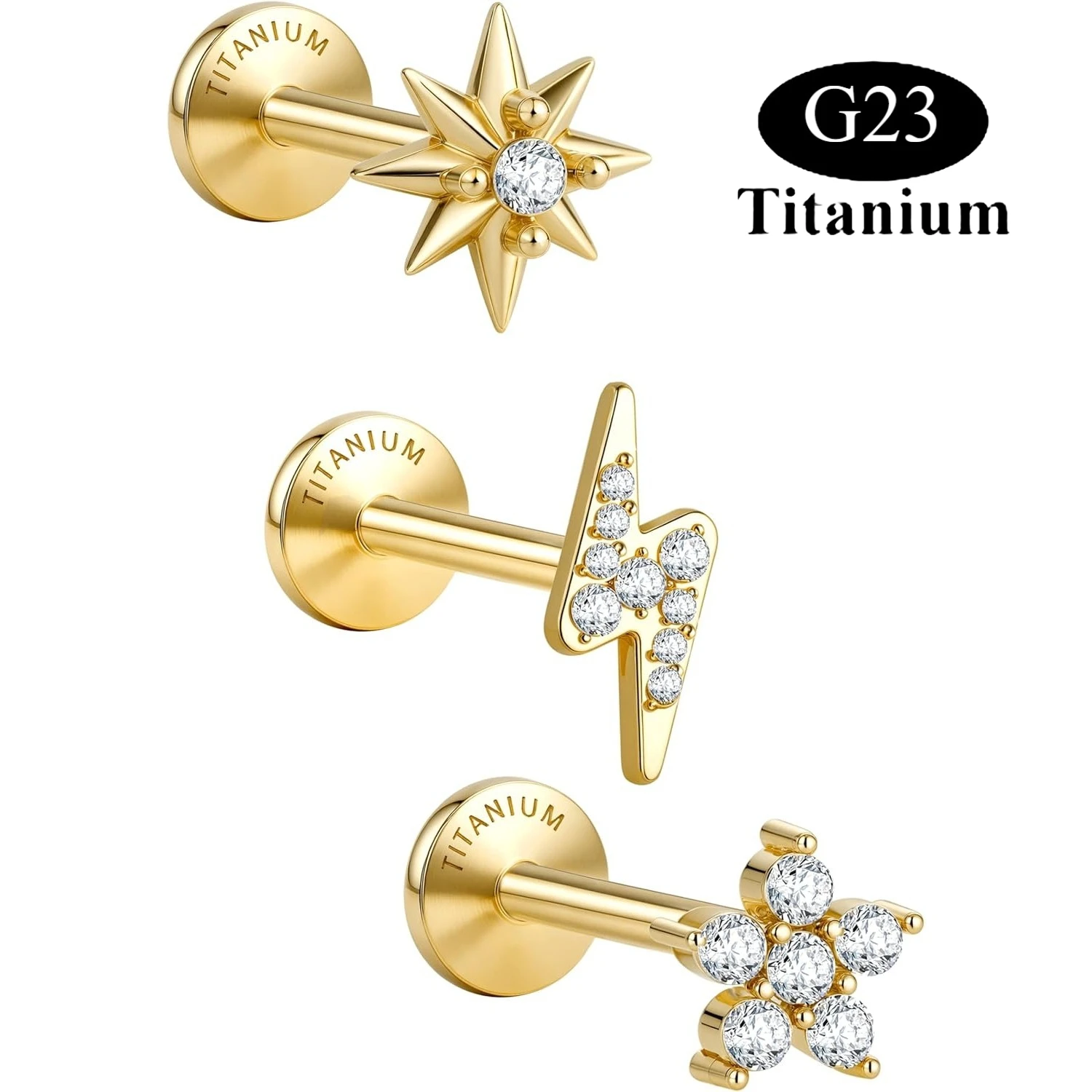 

Florideco 3Pcs G23 Titanium Flat Back Earrings CZ Studs 14K Gold Plated Tragus Cartilage Helix Piercing Jewelry for Women Men