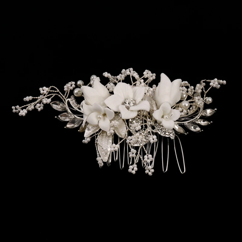 2X Stunning Floral Headpiece Bridal Silver Hair Comb Piece Pearls Women Prom Hair Jewelry Wedding Accessories