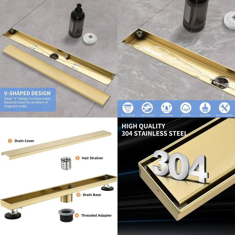 

18-дюймовый прямоугольный душевой трап из матовой золотистой нержавеющей стали 304 с вставкой под плитку и уловителем волос