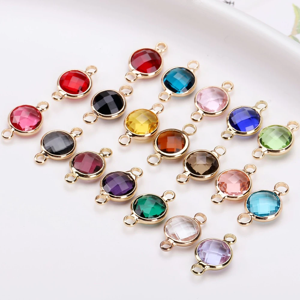 Gold Color Copper Edge Birthstone Connectors Pendants Multicolor Facet Round Glass Charms for DIY Making Bracelet Earrings