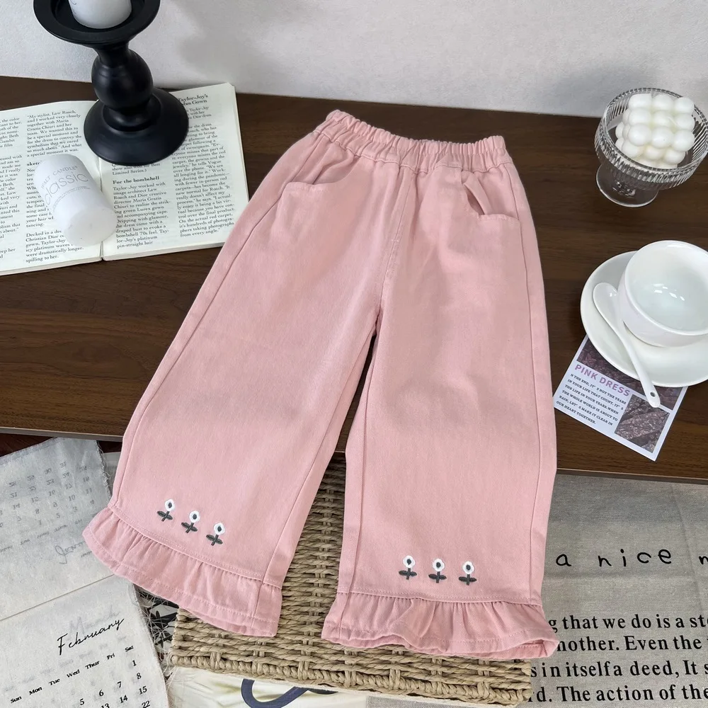 Girls solid color casual pants spring and autumn new 2025 fashionable embroidered small flower fungus edge straight pants