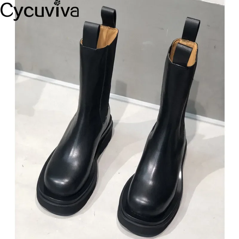 Mid-calf Chelsea Boots Women Shoes Genuine Leather Black Platform Shoes Female Bottnes Casual Motorcycle Boots For Women