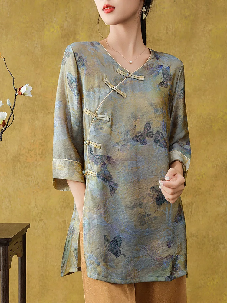 New Chinese Style Satin Shirt Women's Buttoned Qipao Tang Suit Seven-Quarter Sleeve Loose Mid-Length Top Summer Wear