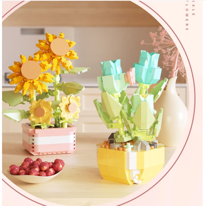 Sunflower Bricks Rose Tulip Flower Bouquet Carnation 3D Building Block Home Decoration Plant Potted Valentine For Girls