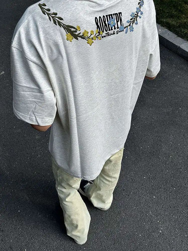 

American High Street ort Sve T-irt Men Women All Needle Embroidery Decosition Design INS Trendy Double Tead Pure ...