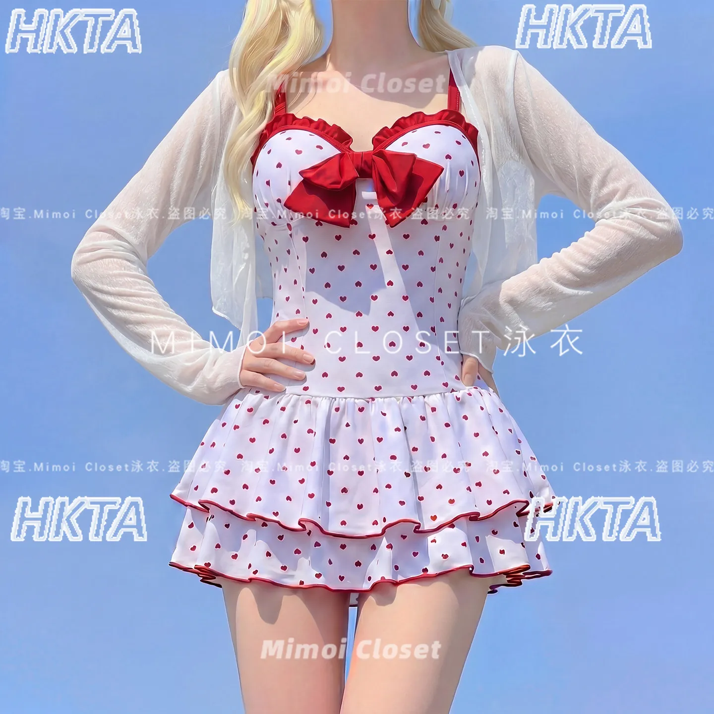 Japanese Vacation Beach Summer Cute Heart Shaped Sweet One Piece Bikini Bow Pleated Halter Cake Suspender Dress Swimsuit Women
